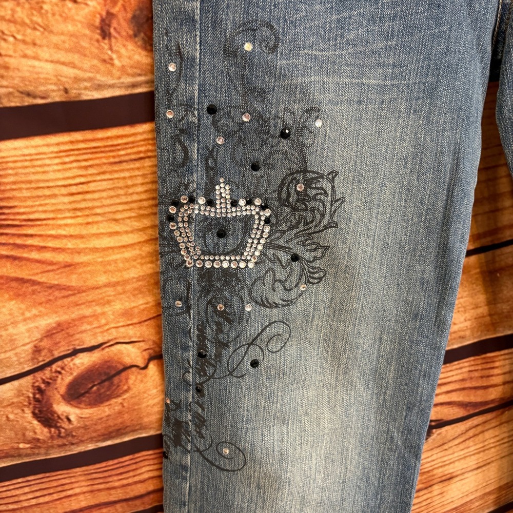 Z Cavaricci Juniors Y2K Mid Rise Straight Leg Med Wash Jeweled Jeans Sz 11 - Picture 3 of 11